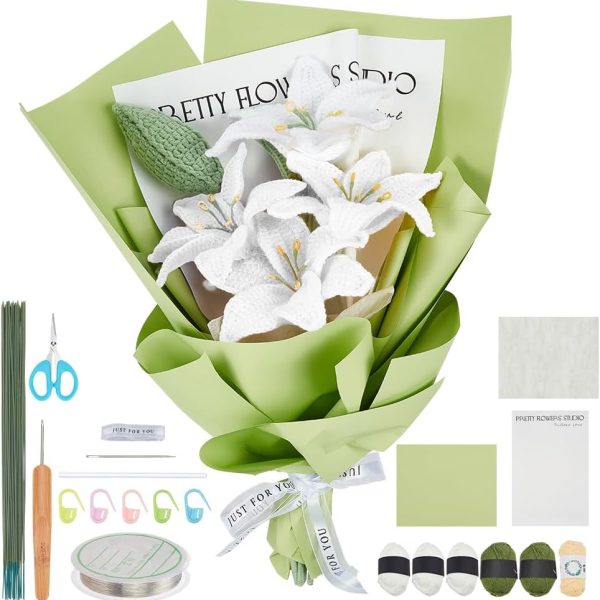5 piece crochet kit for beginners bouquet crochet kit white lily knitting starter kit with crochet yarn step by step instructions birthday wedding bridal shower home decor