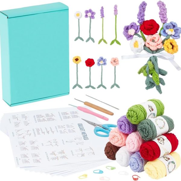 8 Piece Crochet Flower Bookmark Kit for Beginners Adults DIY Orchid Rose Sunflower Lavender Starter Crochet Kit Making Bouquet Bookmarks Step by Step Video Tutorial, Instructions