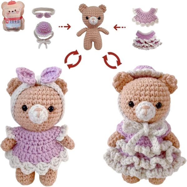 Crochet Kit for Beginners with Detachable Dress and Video Tutorial, DIY Bear Making Kit Includes Quality Yarn and Tools, Creative Gift for Adults and Teens (Purple)