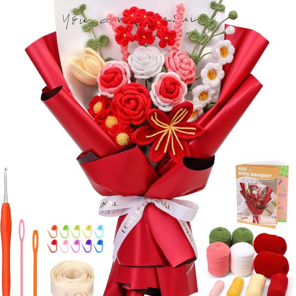 Beginner Crochet Kit, Bouquet Crochet Kit Rose, Beginner Crochet Starter Kit with Step by Step Video Tutorial, Suitable for Birthday Anniversary Gifts, Home Decor (Red)