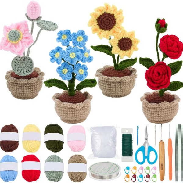 Beginner Crochet Kit 4 Piece Flower Pot Crochet Kit Knitting Kit for Beginners Adults Crafts Ornaments with Step by Step Video Tutorial