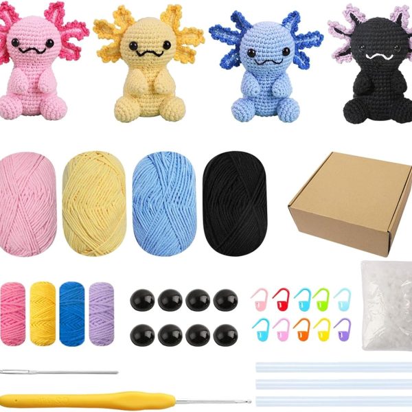 4-Pack Salamander Crochet Kit for Beginners Adults, DIY Crochet Animal Kit with Step-by-Step Video Tutorial, Crochet Kit for Beginners, Beginner Crochet Kit for Adults