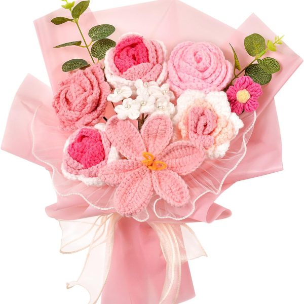 Crochet bouquet, crochet rose tulip knitted flowers, suitable for Mother's Day, Valentine's Day, anniversary, wedding, birthday, home decoration, gift for mom, lover, friend, pink