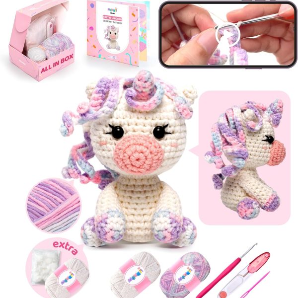 Crochet Kit for Beginners Level 2 with 40% Extra Eco-Friendly Pre-Start Easy Yarn, Step-by-Step Video Tutorial for Adults and Kids (Pastel Unicorn)