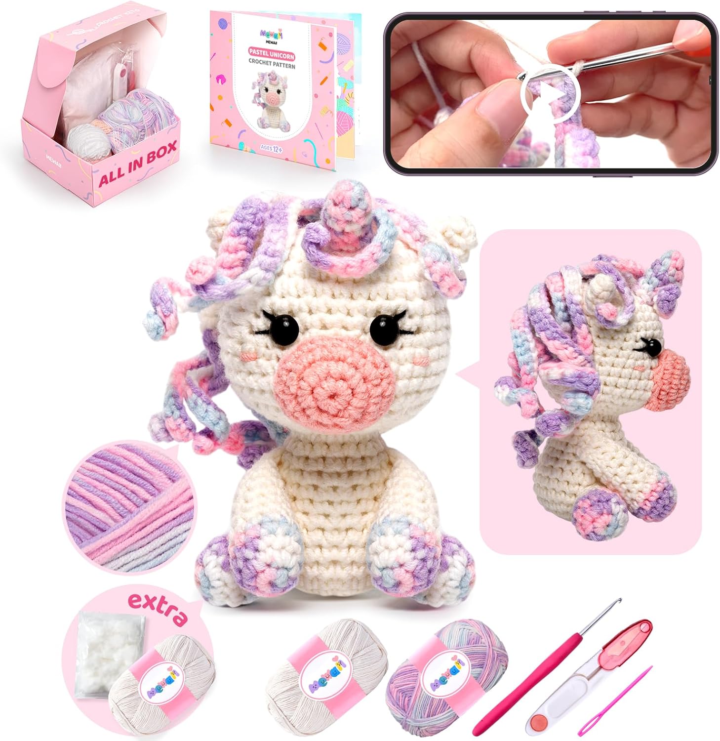 Crochet Kit for Beginners Level 2 with 40% Extra Eco-Friendly Pre-Start Easy Yarn, Step-by-Step Video Tutorial for Adults and Kids (Pastel Unicorn)