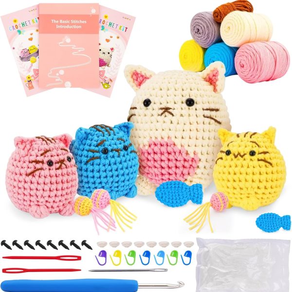Beginner Crochet Kit - Learn to Crochet 4 Cute Cats with Step-by-Step Video Tutorial and Simple Yarn, Complete Starter Kit for Adults and Kids, Birthday Christmas DIY Craft Gifts