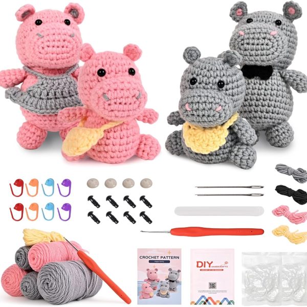 Beginner crochet kit, crochet starter kit with step-by-step video tutorial, DIY craft kit knitting supplies, cute hippopotamus