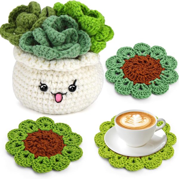 Beginner Crochet Kit, 3 Piece Coaster Potted Plant Crochet Beginner Kit, Crochet Kit for Beginner Adults, Knitting Kit with Step-by-Step Video Tutorial and Crochet Yarn for DIY Christmas Decorations