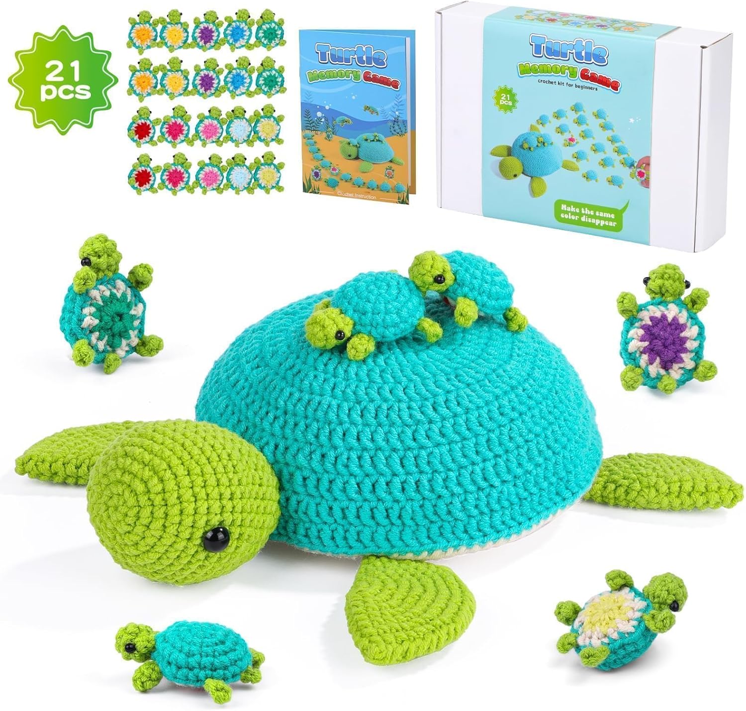 Beginner Crochet Kit, 21 Piece Turtle Family Crochet Animal Kit for Adults, Memory Matching Game, Crochet Starter Kit with Step-by-Step Video Tutorial, Accessories, Arts and Crafts