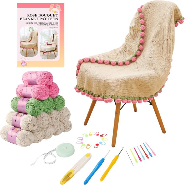 Beginner Crochet Rose Blanket Kit, 40" Bouquet Shawl Kit for Adults, Learn How to Knit with Yarn, Hook and Instructions, DIY Gift for Women (Pink Rose Bouquet Blanket Kit)