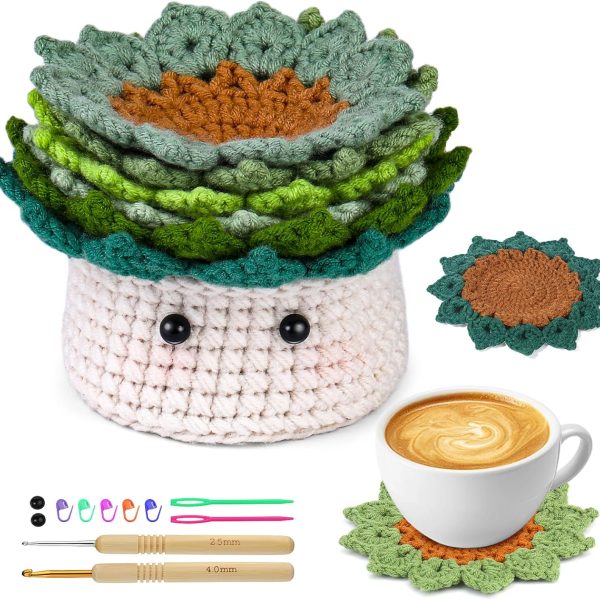 Beginner Crochet Kit, 6-Piece Coaster Crochet Starter Kit Planter, Knitting Supply Kit with Step-by-Step Video Tutorial, Crochet Yarn DIY Gift for Adults