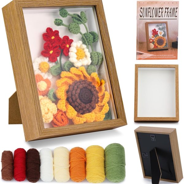 Sunflower Crochet Set with Photo Frame, Sunflower Knitting Set with Yarn, Hook, Instructions, Stitch Markers, Fiber Filling, Floral Thread, Mother's Day, Thanksgiving Crochet Set
