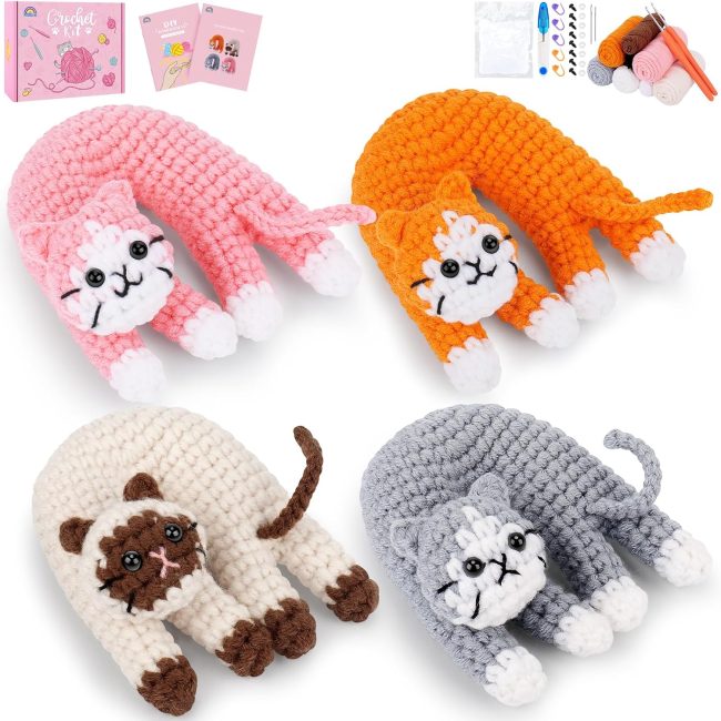 Beginner Crochet Kit, 4-Pack Fun Cat Crochet Kit, Animal Beginner Crochet Kit with Step-by-Step Video Tutorial, Easy DIY Cat Crafts for Adults, Novelty Gifts for Crochet Lovers