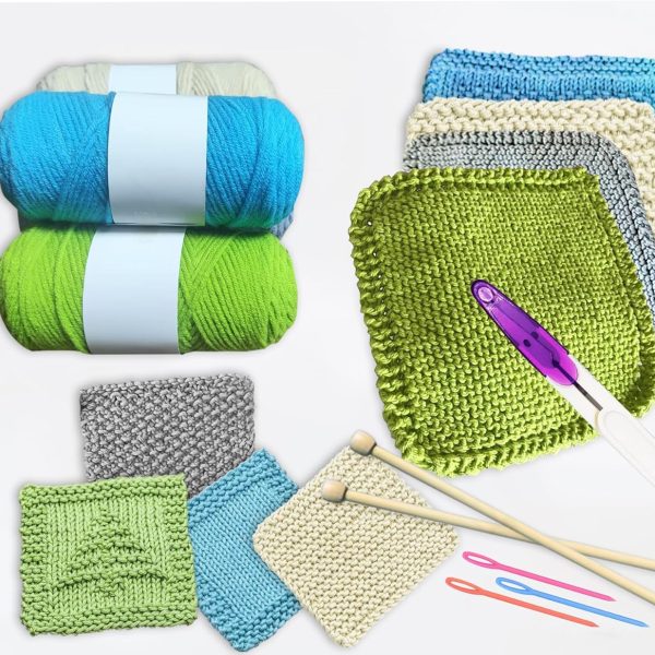 Beginner Knitting Kit for Adults - Makes 4 dishcloths and 4 coasters, all-in-one beginner knitting kit with cotton yarn, bamboo needles and 8 patterns, a handmade gift for DIY craft lovers