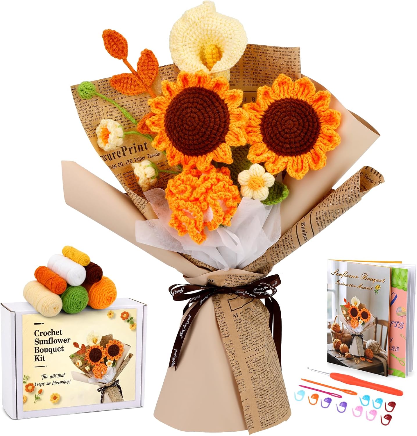 Beginner crochet kit, crochet bouquet with step-by-step video tutorial, adult craft kit (includes materials such as floral wire), memorial gift newspaper