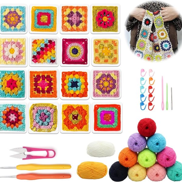 Beginner Crochet Kit for Adults and Kids 2 Piece - Soft Handled Crochet Hook, 12 Shades of Yarn, 50 Crochet Pattern Practice Cards, DIY Knitting and Crochet Starter Kit for Beginners