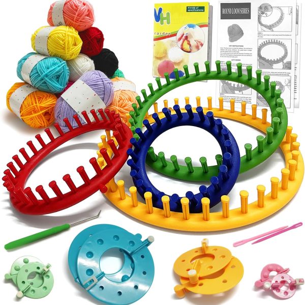 Loom Knitting Kit (With Yarn), 23-Piece Beginner Circular Knitting Loom Kit (Includes Instructions and Pom Pom Maker), Quick and Easy Hat Knitting Loom Kit/Scarf Loom Knitting Kit (Family Friendly)