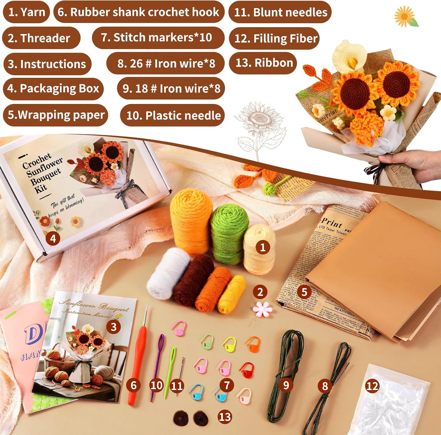 Beginner crochet kit, crochet bouquet with step-by-step video tutorial, adult craft kit (includes materials such as floral wire), memorial gift newspaper - Image 2