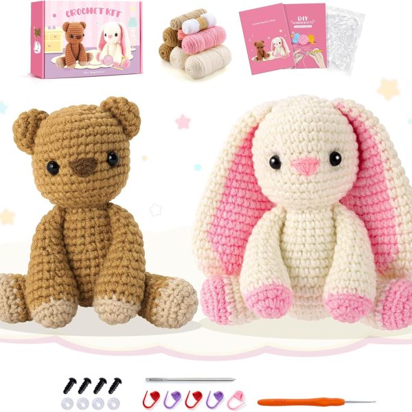 Beginner crochet kit, Bunny and Bear crochet kit with step-by-step video tutorial, Beginner crochet kit, Beginner crochet kit for adults, Birthday stuffed animal knitting kit