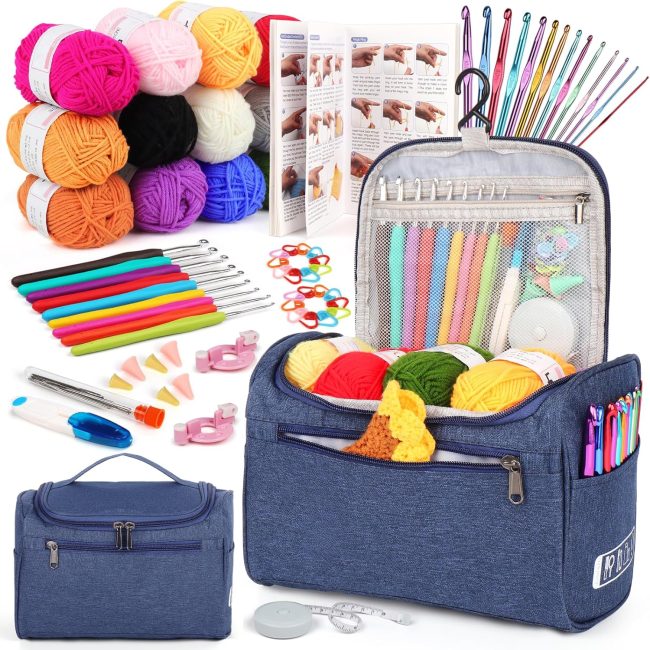 Crochet Kits for Beginners, Young and Old, First Adult Crochet Kit Includes 23 Piece Crochet Hooks, 655 Yards of Crochet Yarn Set, Instructions, Bag, Crochet Accessories and Supplies, Navy